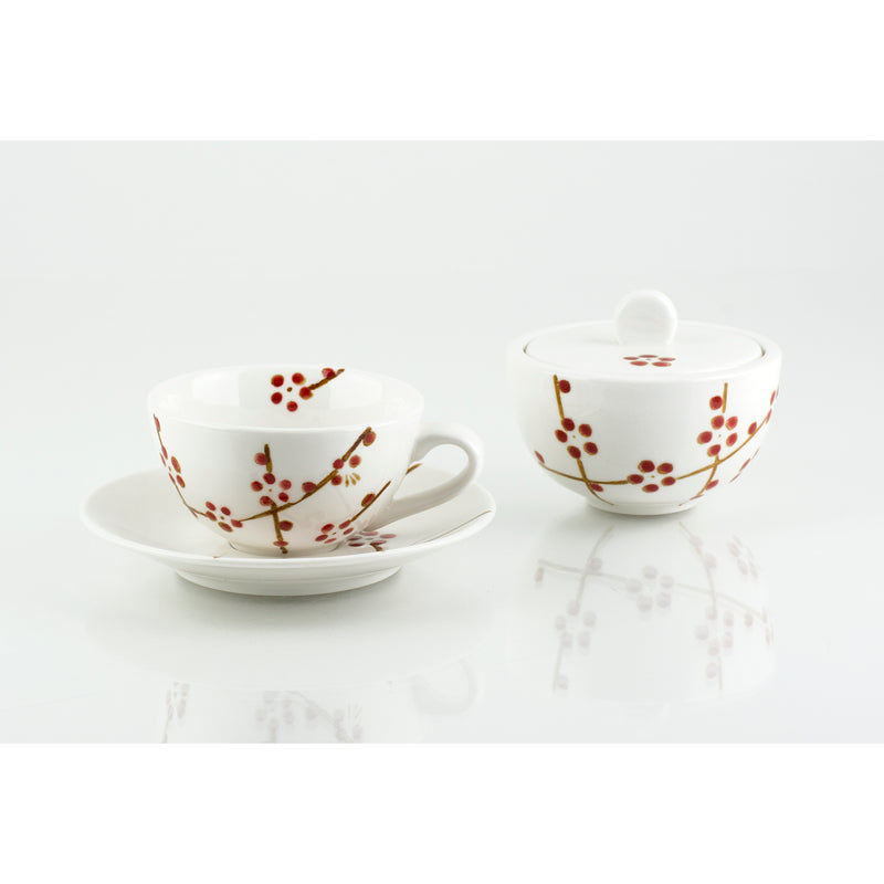 hand painted set of 6 coffee cups with sugar bowl